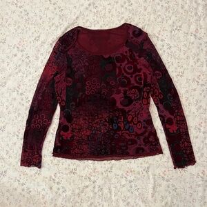 Tribu Y2k Euro Mesh Longsleeve Velvet Burnout Geometric Graphic Print Large